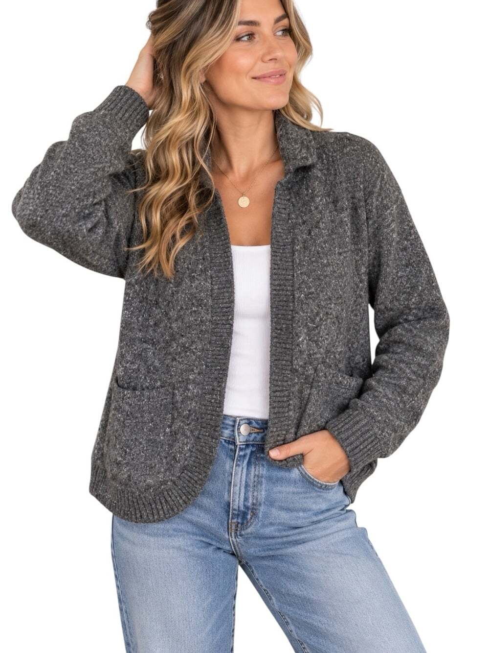 Banana Republic Wool Cashmere Cardigan M Gray Open Front Draped Shawl Collar
